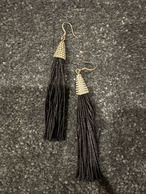 Gold Cap Black Tassel Drop Earrings - Womens Jewelry